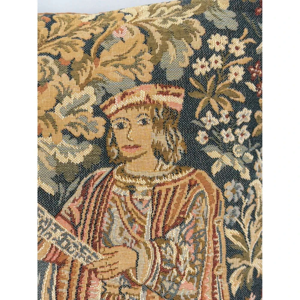 Vtg Medieval Tapestry Pillow Made in England Renaissance Velvet Back 16x16